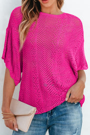 Hot pink open-knit chevron sleeve top with a relaxed fit.