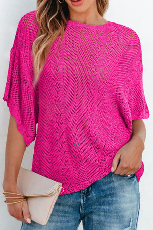 Hot pink open-knit chevron sleeve top with a relaxed fit.