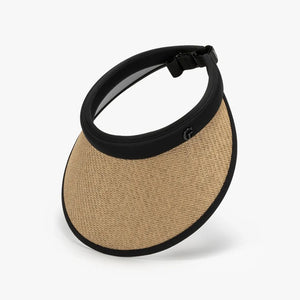 Woven brim sun visor in camel with black contrast trim and adjustable strap.