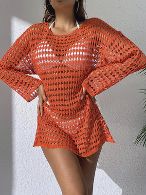 Sheer crochet knit cover-up in pumpkin with openwork pattern and long sleeves.