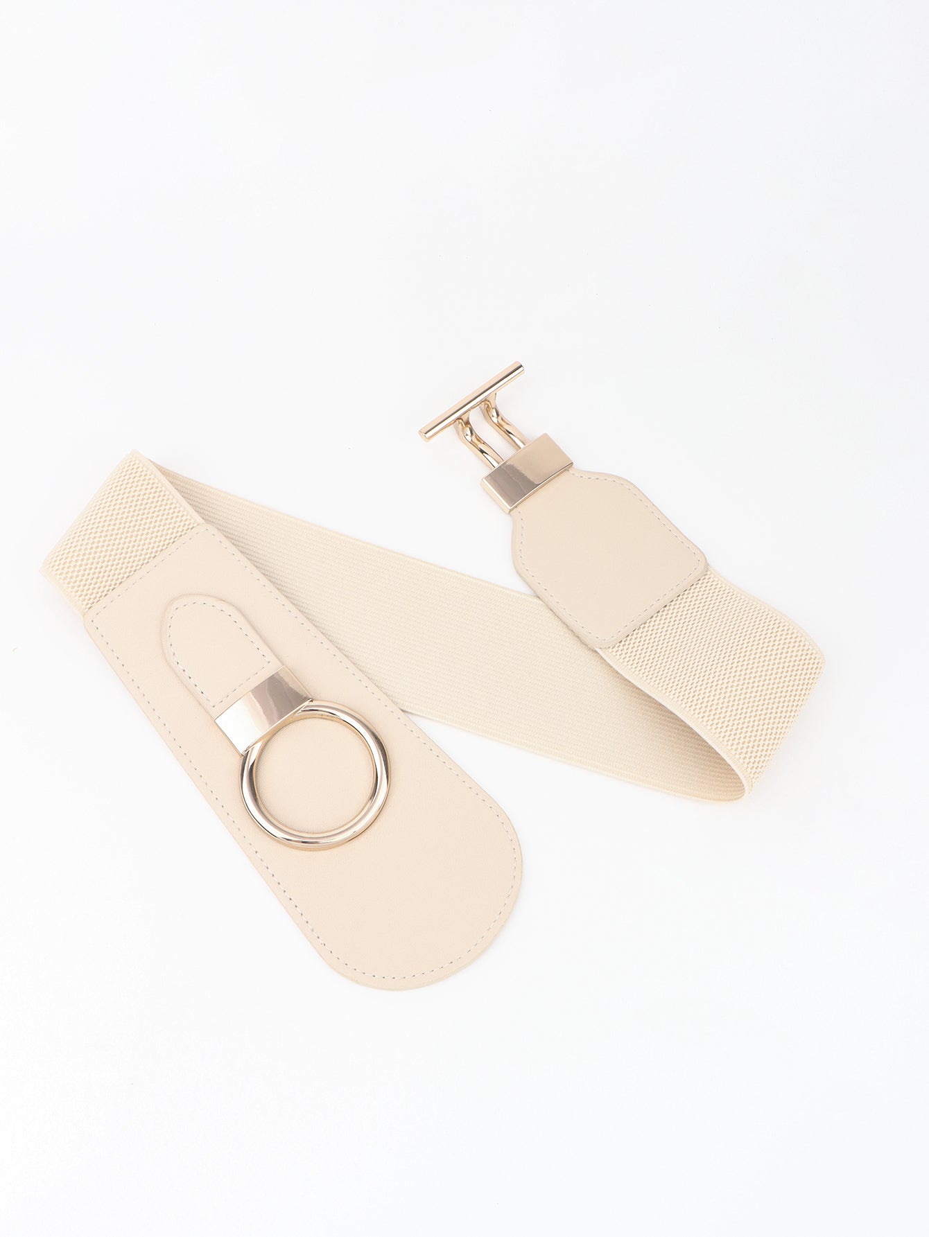 Cream elastic belt with gold ring and buckle hardware