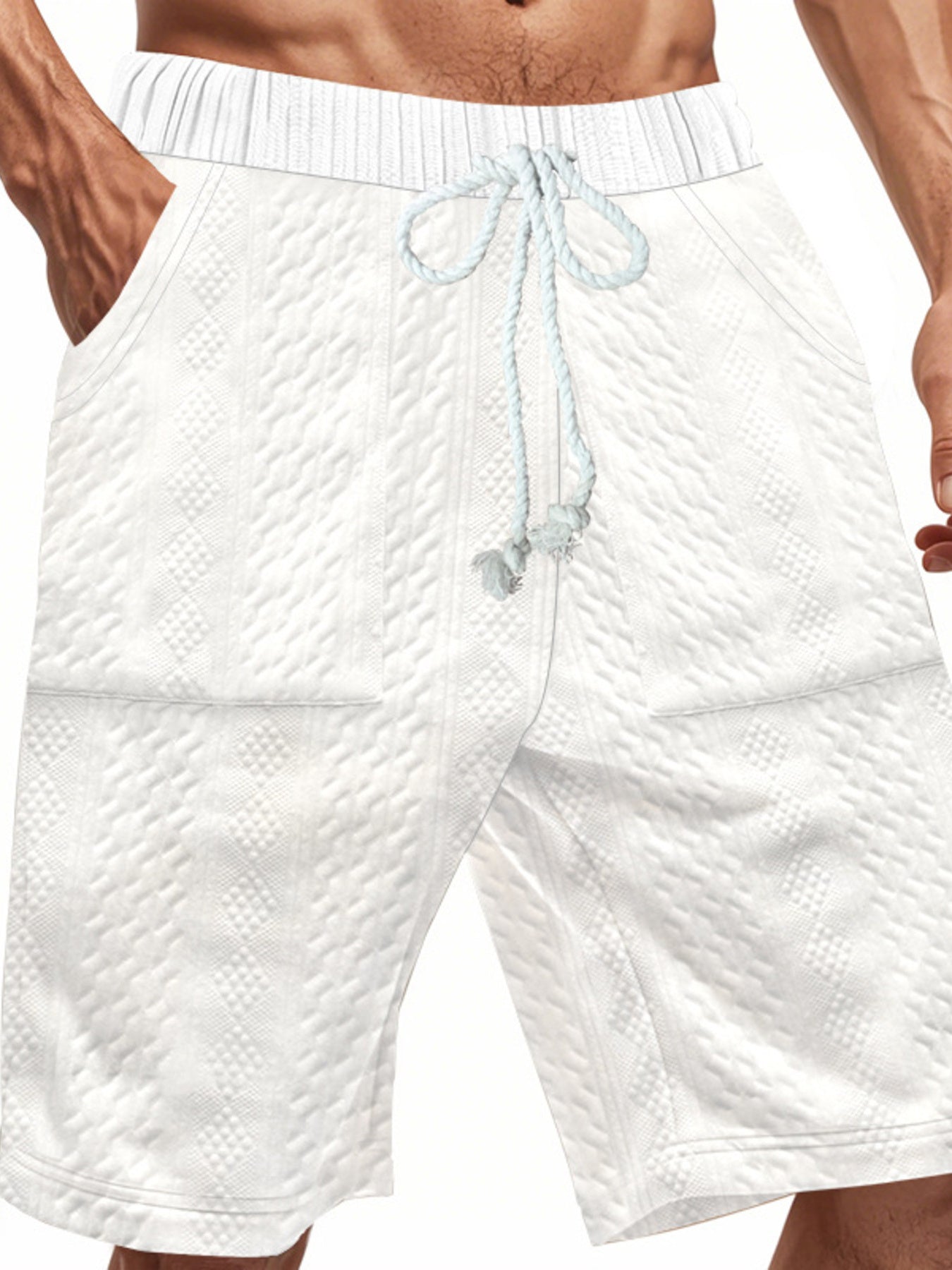 White quilted texture chino shorts with drawstring and diamond pattern detail.