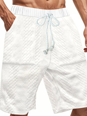White quilted texture chino shorts with drawstring and diamond pattern detail.