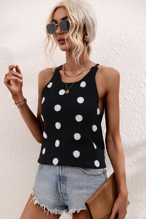 Black polka dot knit tank top with keyhole neckline and tie straps.