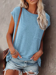 Light blue relaxed pocket tee with cap sleeves and a crew neck.