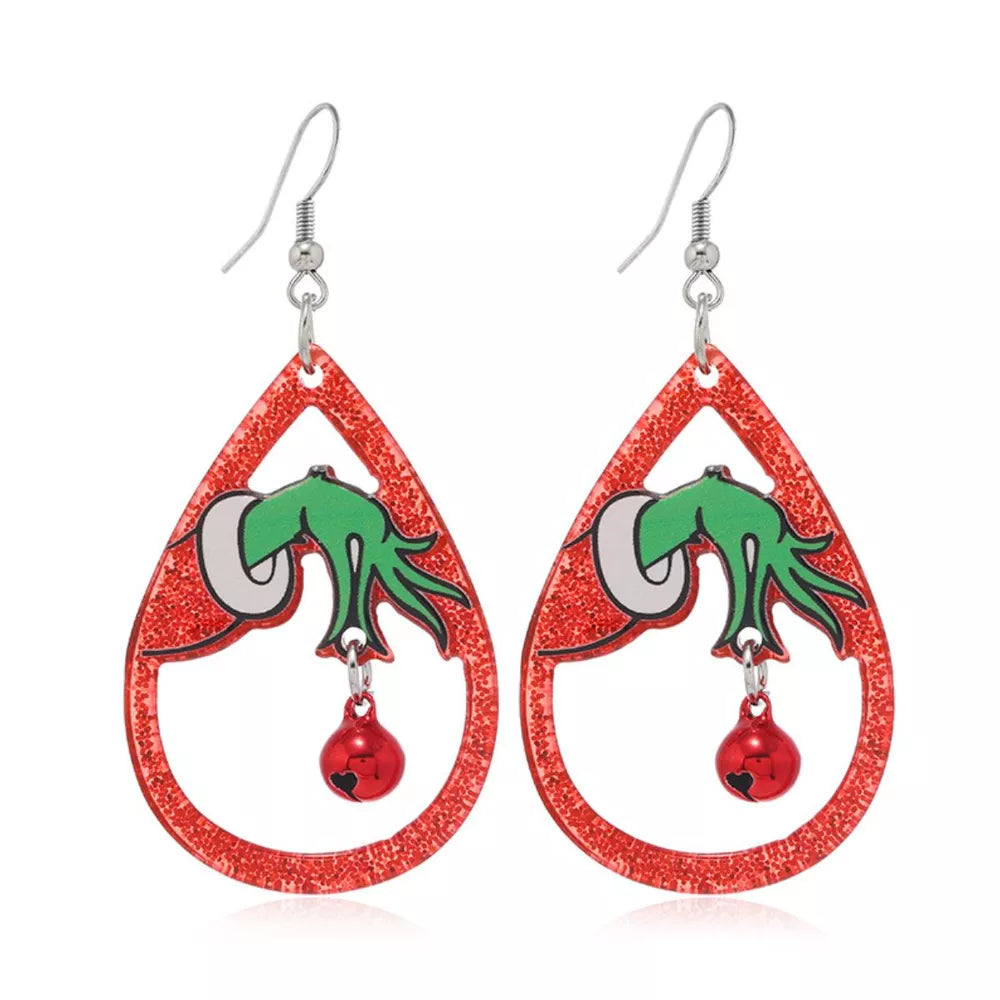 Teardrop earrings with Grinch hand design, red glitter acrylic, and dangling red bells.
