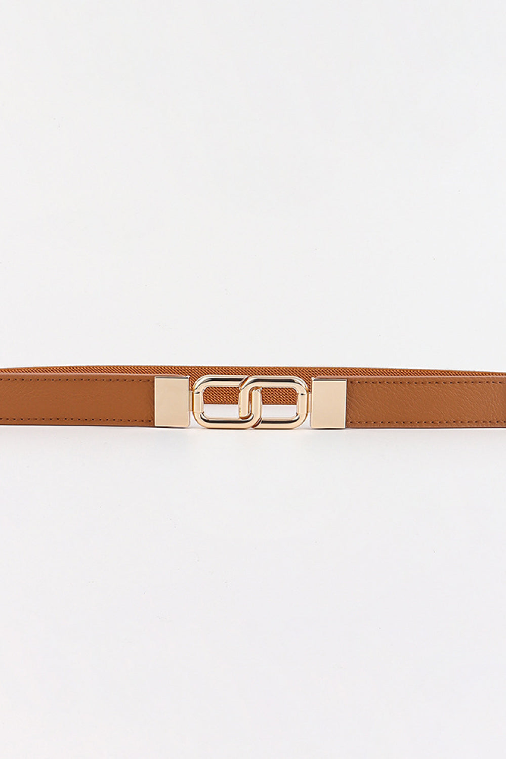 Caramel elastic belt with linked rectangle buckle and gold hardware
