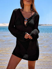 Black openwork knit cover-up dress with V-neck, keyhole detail and ring accent.