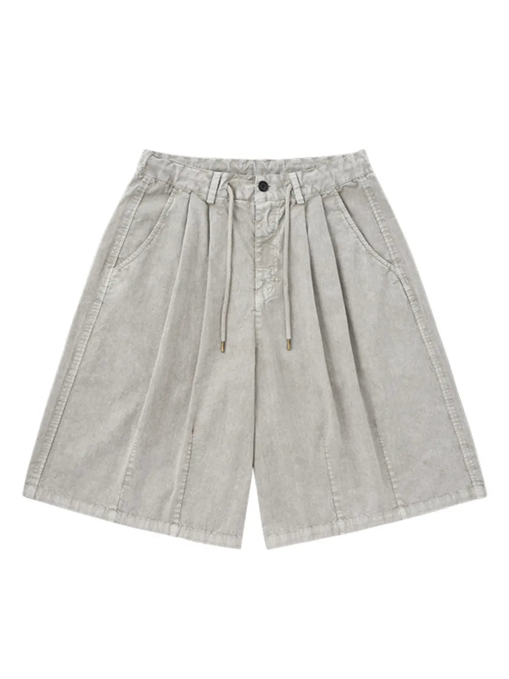 Light gray cotton wide-leg chino shorts for men with drawstring and pleats.