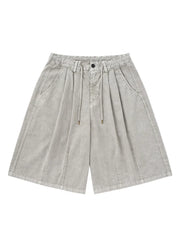 Light gray cotton wide-leg chino shorts for men with drawstring and pleats.