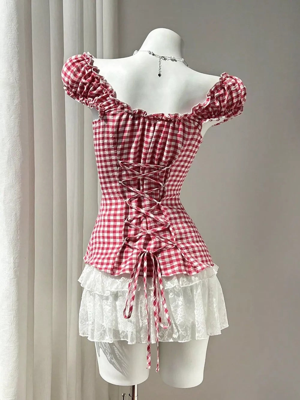Frill Gingham Cap Sleeve Blouse, close-up detail