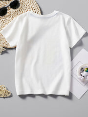 White cotton toddler t-shirt with a playful animal graphic and blue stitching on the neckline.