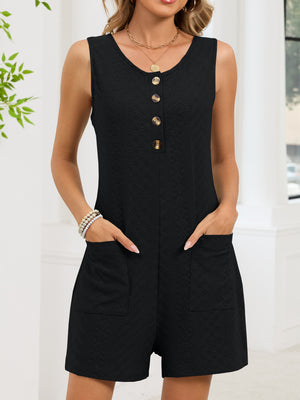 Black sleeveless romper with button front and patch pockets