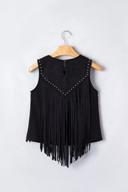 Black sleeveless tank top with rhinestone embellishments and fringe detail