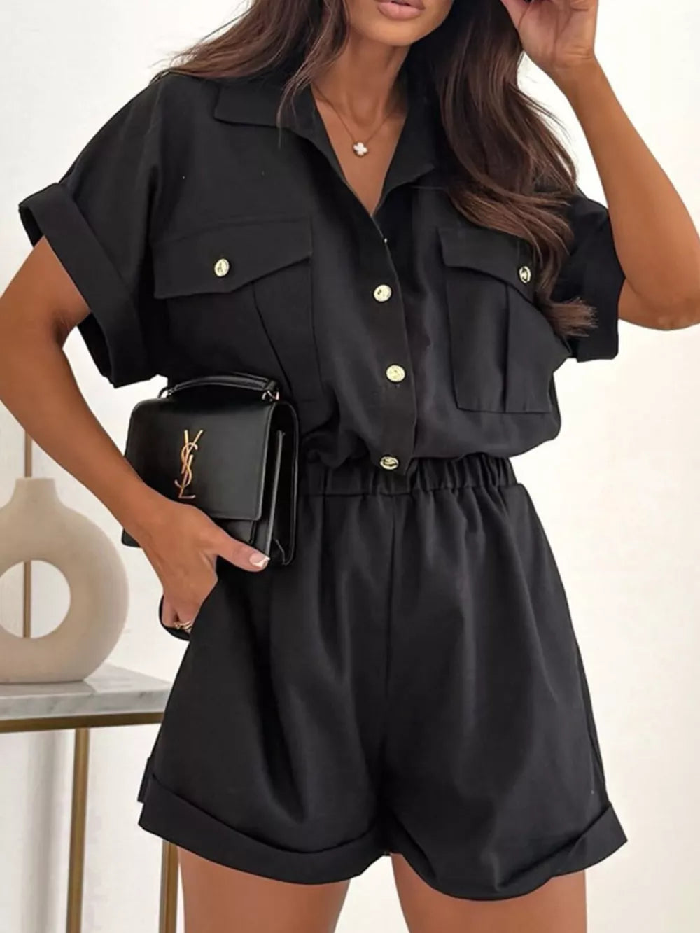 Button Front Short Sleeve Shirt And Shorts Set in Gum Leaf, side view