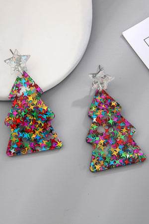 Multi-color star confetti Christmas tree drop earrings with clear star tops