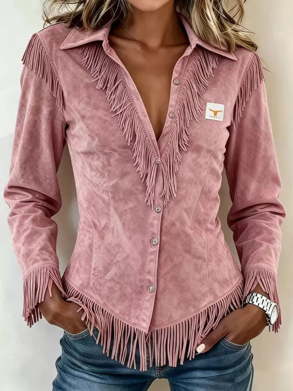 Full Size Fringed Collared Neck Shirt Plus Size in Pink, view 11
