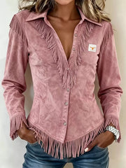 Full Size Fringed Collared Neck Shirt Plus Size in Pink, view 11
