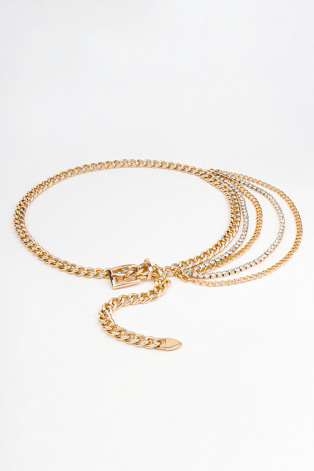 Gold layered chain belt with rhinestone embellishments and a buckle closure.