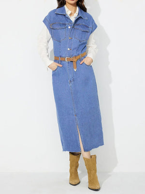 Sleeveless medium wash denim midi dress with button front, collar, and front slit.