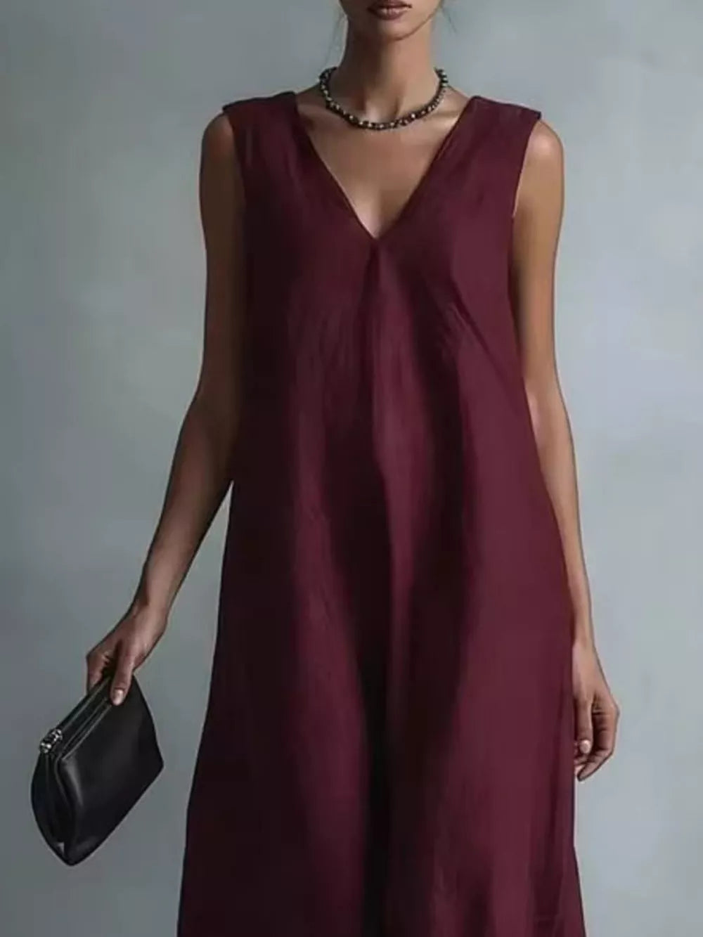 Full Size V-neck Sleeveless Maxi Dress, model styling view