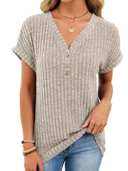 Ribbed knit v-neck t-shirt with buttons in light grey, short sleeves, casual style.