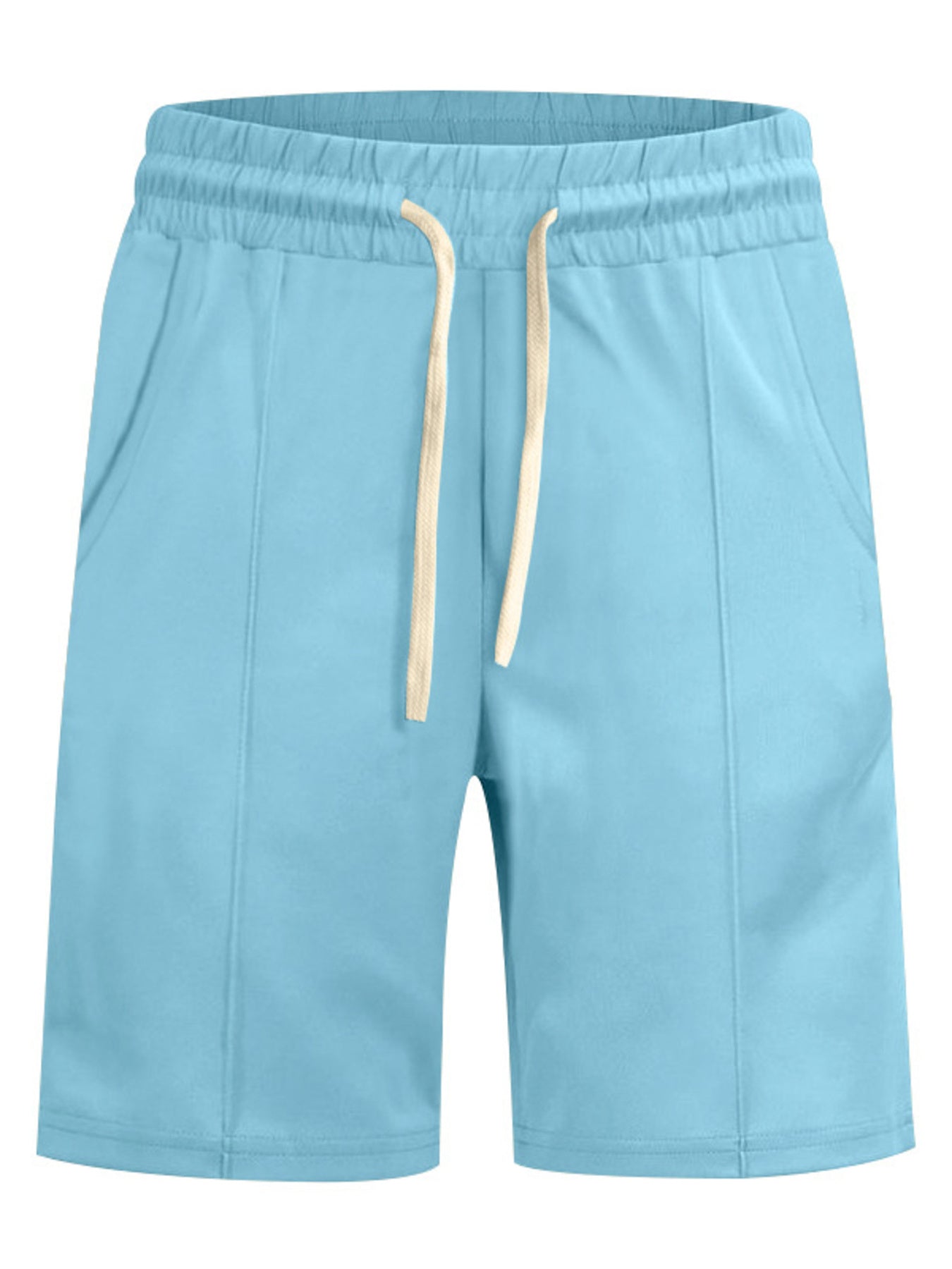 Light blue chino shorts for men with drawstring waist and pockets.