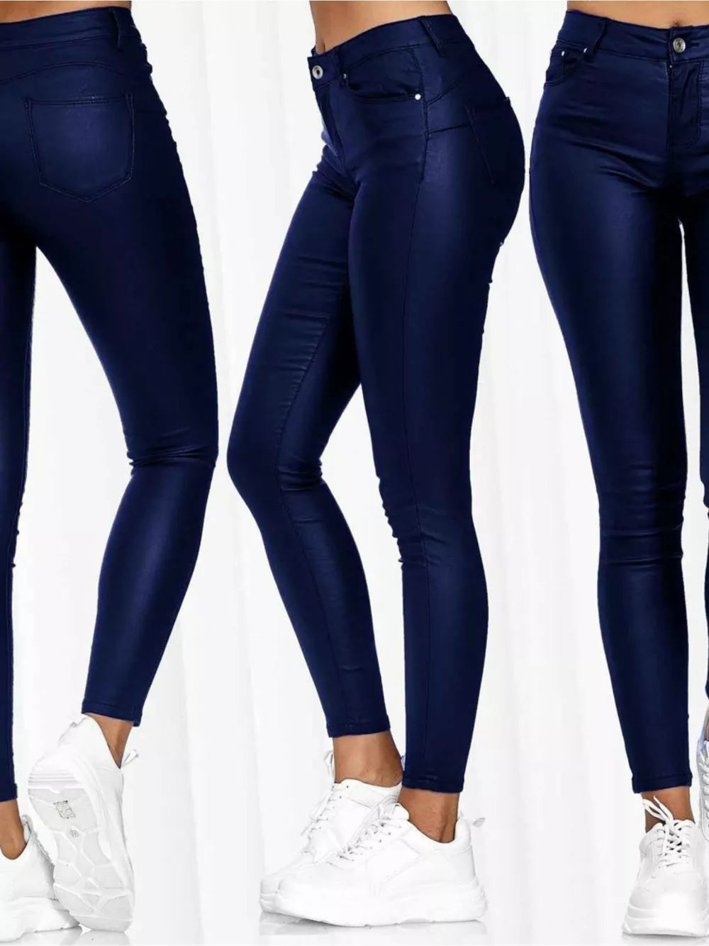 Blue high-waisted faux-leather skinny pants with a smooth finish.