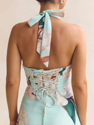 Light blue floral halter maxi dress with lace-up back detail
