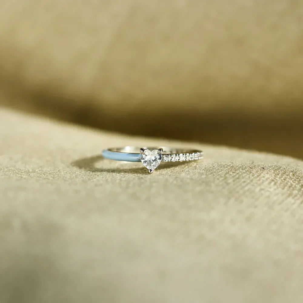 Light blue enamel heart & pave band ring in 925 sterling silver.