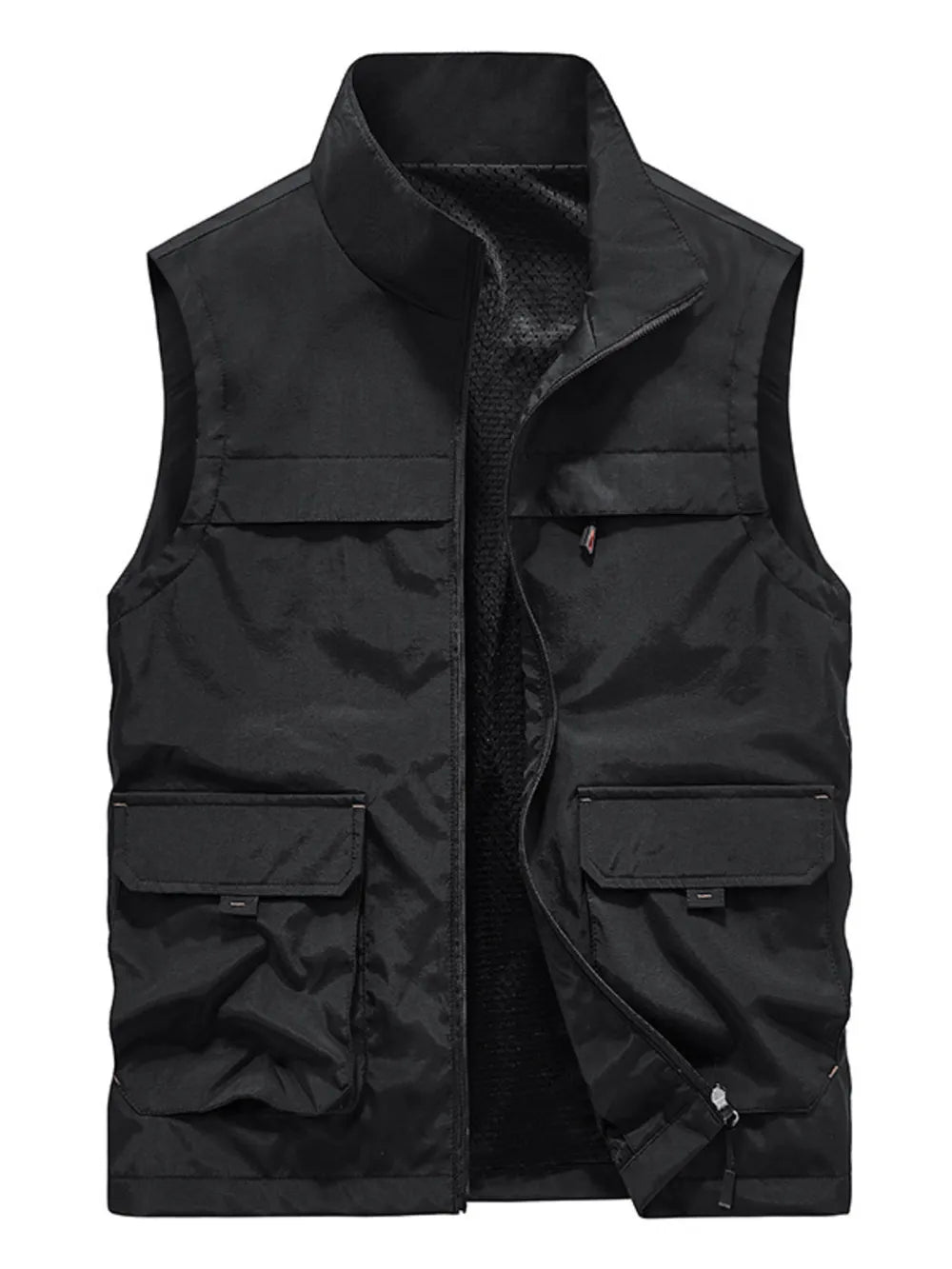 Black utility vest with stand collar and multiple front pockets.