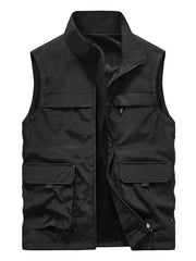 Black utility vest with stand collar and multiple front pockets.