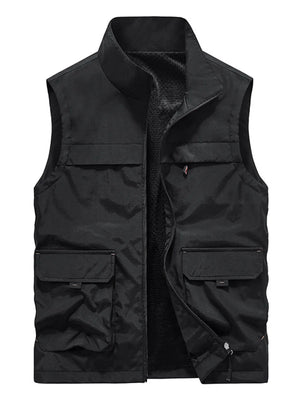 Black utility vest with stand collar and multiple front pockets.