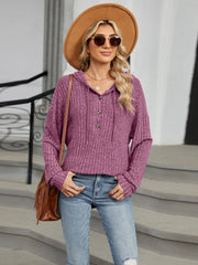 Ribbed knit hoodie in mauve with button henley neckline and drawstring hood.