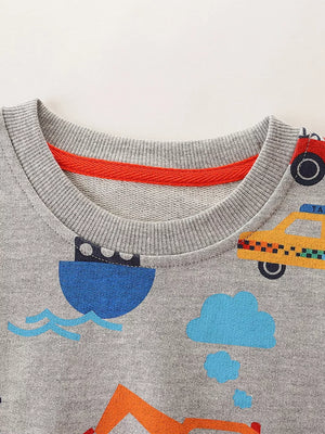 Grey cotton crew neck sweatshirt with playful transportation all-over print and red neck trim.