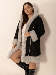 Black hooded duster coat with faux shearling trim and lining.