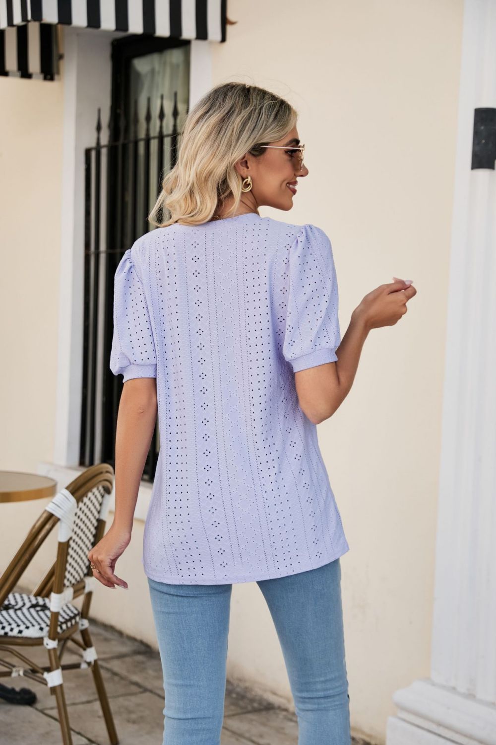 Lavender perforated puff sleeve v-neck blouse with eyelet detail