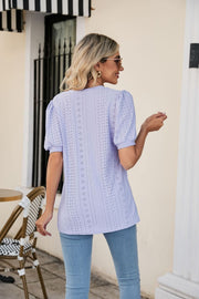 Lavender perforated puff sleeve v-neck blouse with eyelet detail