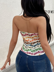 Vibrant floral print ruched tank top with a strapless neckline.