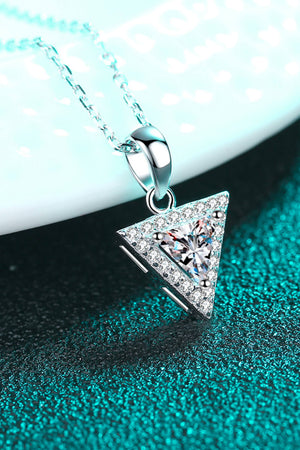 Silver geometric halo moissanite necklace with a triangle-cut center stone and pave accents.