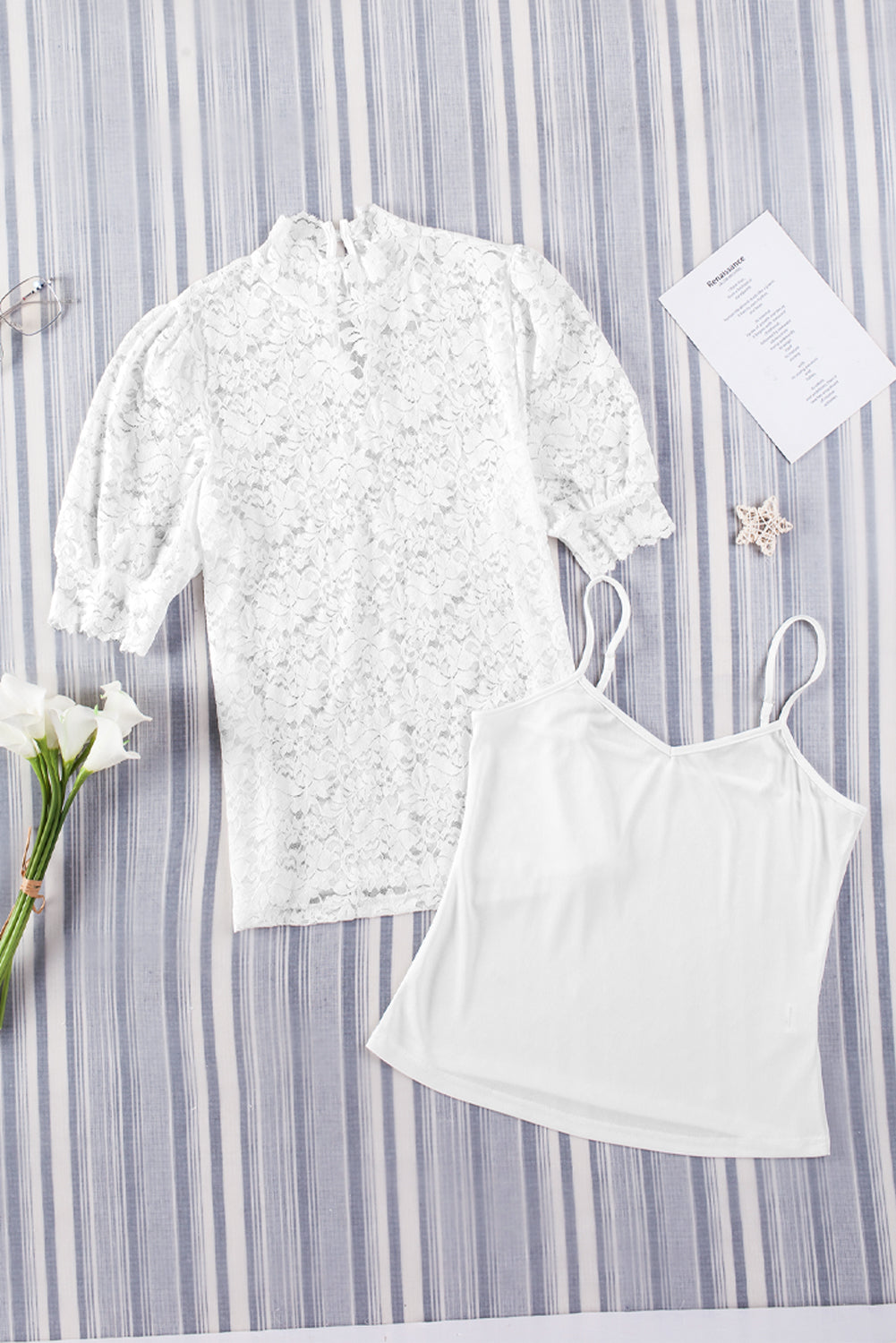 White lace puff sleeve mock neck blouse with cami.