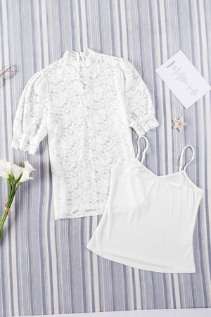 White lace puff sleeve mock neck blouse with cami.