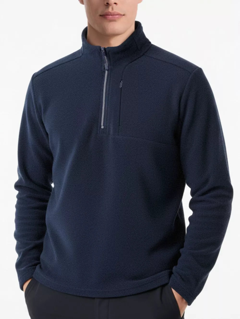 Navy fleece quarter-zip sweatshirt with zippered chest pocket and mock neck.