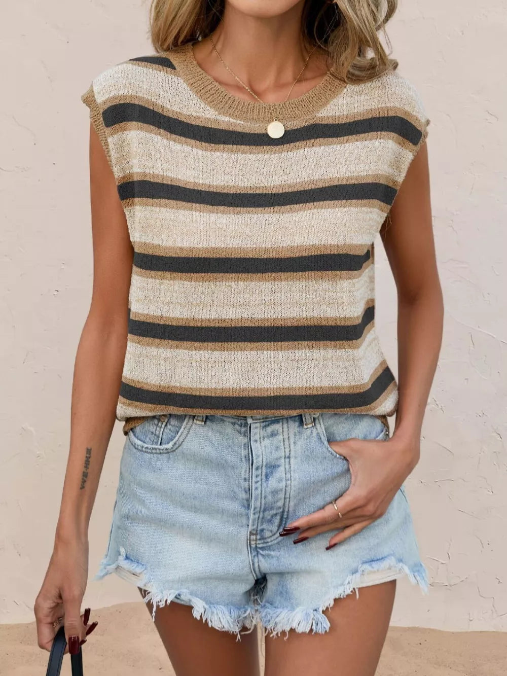 Ribbed striped knit top with round neck in tan and grey, sleeveless casual women's cardigan.