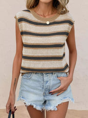 Ribbed striped knit top with round neck in tan and grey, sleeveless casual women's cardigan.