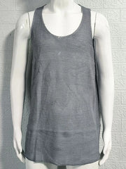 Gray open-knit scoop neck tank top with a subtle horizontal stripe pattern.