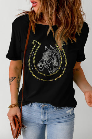 Black tee with rhinestone horse head and horseshoe motif