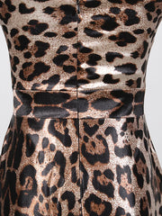 Leopard print bodycon midi dress with a satin finish and a defined waist seam.