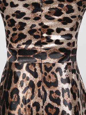 Leopard print bodycon midi dress with a satin finish and a defined waist seam.