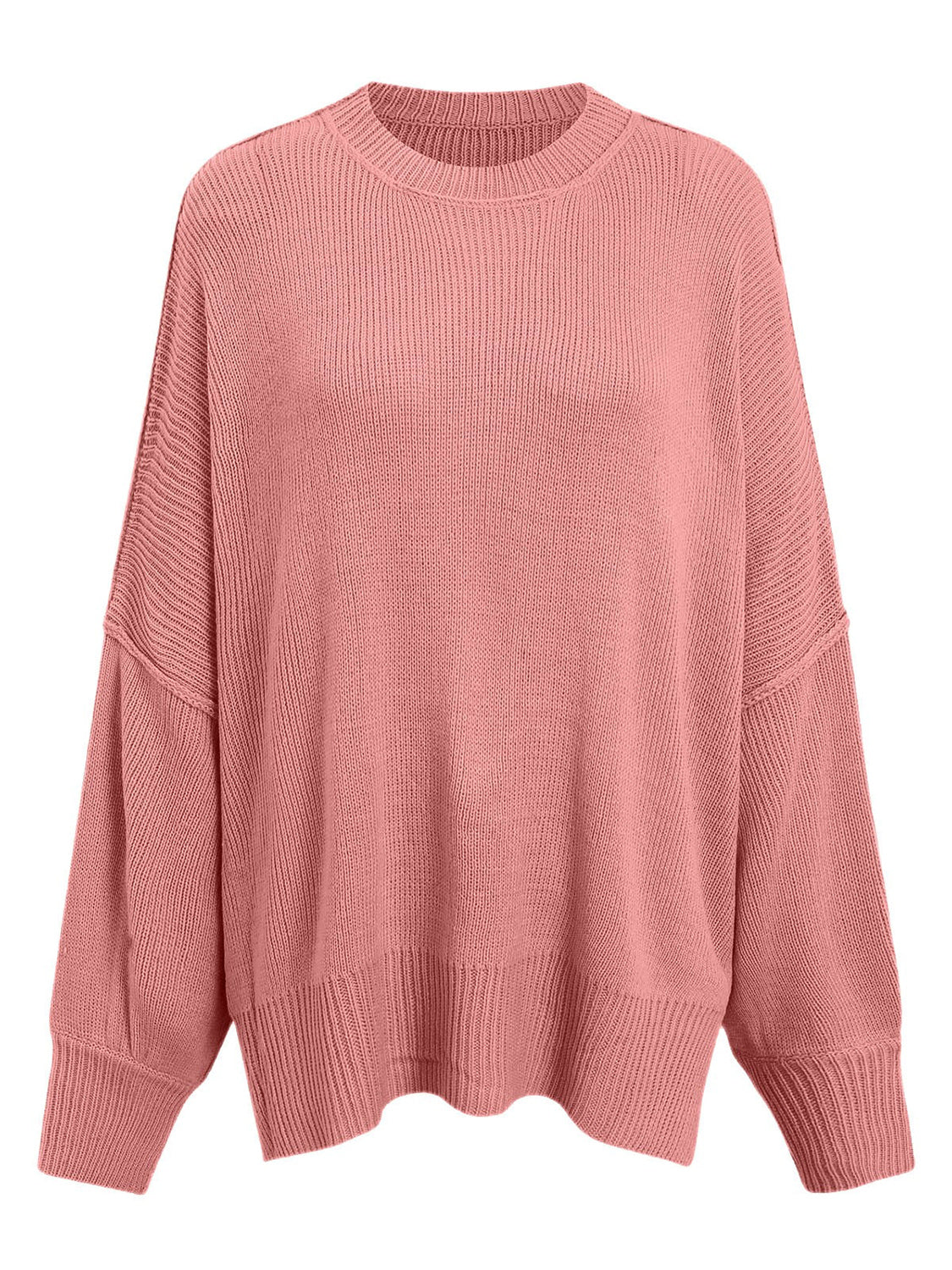Oversized ribbed knit sweater in dusty pink with drop shoulders and crew neck.
